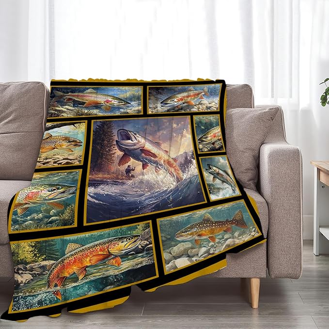 Fishing Throw Blanket Ultra Soft Cozy Rainbow Trout Fish Blanket Fleece Fuzzy Plush Fishing Lovers Decor Gifts for Women Girls Adults Couch Sofa 80"x60"