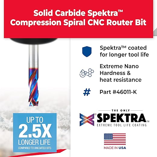Amana Tool Spektra Extreme Tool Life Coated Solid Carbide CNC Compression Spiral Router Bit, 46011-K, 3/8 D x 7/8 CH x 3/8 Shank x 3 Inch Long 3 Flute