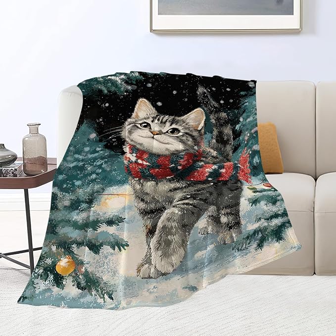 Cat Blanket Christmas Winter Night Throw Blankets Kitten Gifts for Girls Boys Kids Cat Lover Soft Cozy Fleece Plush for Couch Sofa Bed 80"x60"