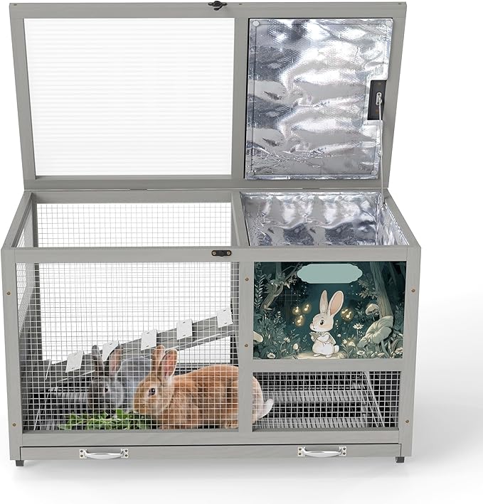 COZIWOW 36.5-Inch Double-Decker Wooden Insulated Rabbit Hutch with Wheels, Heated Rabbit Cage Featuring A Cleaning Tray and Ladder—Stylish&Easy to Assemble（Grey and Warm）