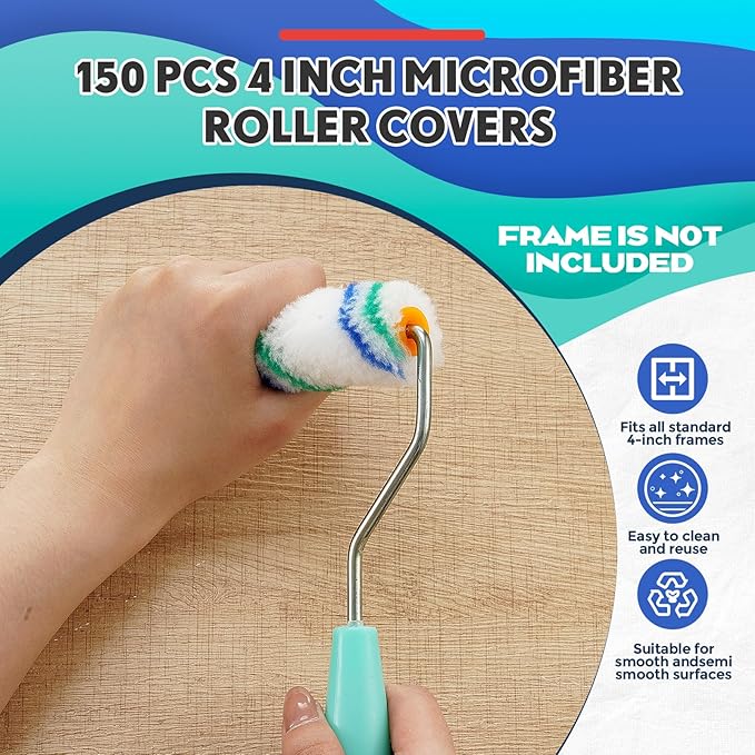 Nuogo 150 Pcs 4 Inch Mini Paint Roller Cover 1/2" Nap Small Microfiber Roller Covers Home Repair Tools House Household Supplies Kit(Blue, Green)