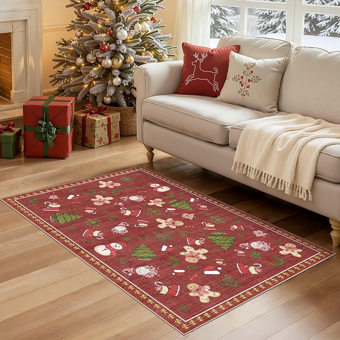 Washable Christmas Area Rug: 3x5 Neutral Modern Festive Carpet - Non-Slip Soft Thin Low Pile Throw Indoor Rugs for Bedroom Kitchen Entrance Living Room - Red
