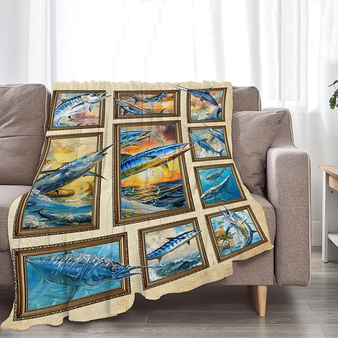 Fishing Blanket Fish Throw Blanket Cozy Plush Fleece Flannel Fishing Lover Gifts Blankets for Girls Boys Women Men 80"X60"