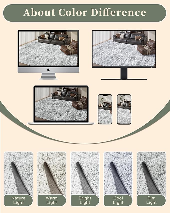 Madane 5x7 Area Rugs for Living Room, Washable Vintage Grey Rug with Non-Slip Backing, Soft Floral Print Throw Rugs Floor Low Pile Carpet for Bedroom Dining Room