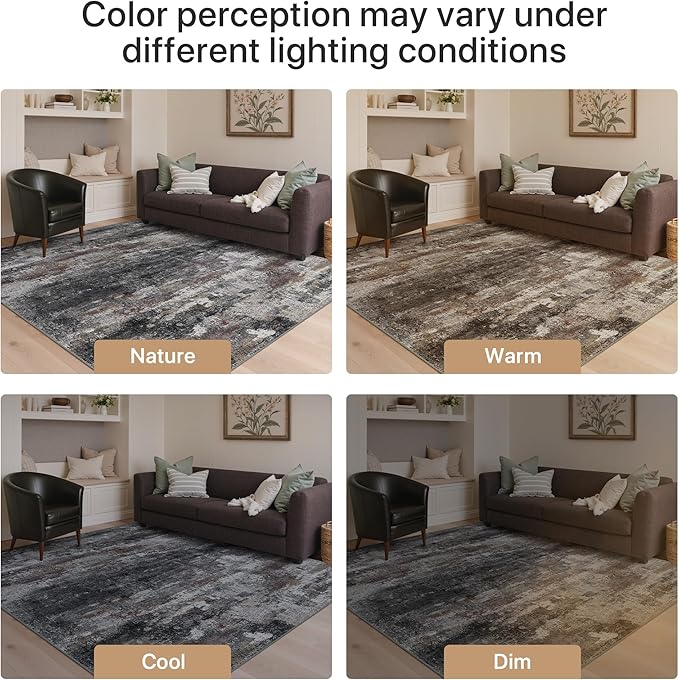 GENIMO 6x9 Area Rugs for Living Room, Modern Abstract Low Pile Rug with Non-Slip Pad, Crease-Resistant Soft Floor Carpet, Single-Piece Rugs for Bedroom, Dining Room, Office, Dark Gray Brown
