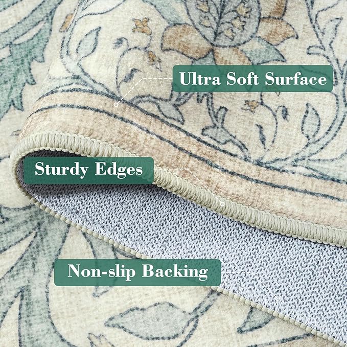 Collive 5x7 Area Rug, Washable Neutral Hand-Painted Floral Living Room Bedroom Rug, Vintage Distressed Non Slip Low Pile Throw Carpet, Soft Retro Rugs for Dining Room Office, Ivory/Light Turquoise
