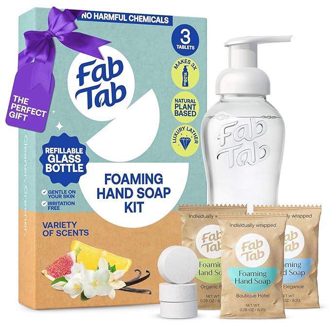 Fab Tab Foaming Hand Soap Dispenser - Refillable Glass Foaming Hand Soap Dispenser + 3 Tablet Refills | Variety Scents | Makes 3 x 11.9 Fl oz Bottles