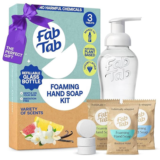Fab Tab Foaming Hand Soap Dispenser - Refillable Glass Foaming Hand Soap Dispenser + 3 Tablet Refills | Variety Scents | Makes 3 x 11.9 Fl oz Bottles