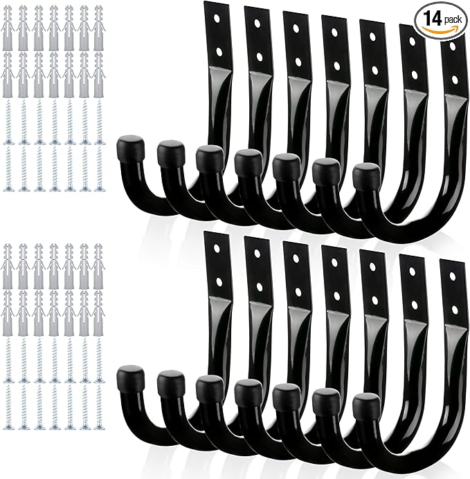 KURUI Large Metal Wall Hooks for Hanging Living Room/Bedroom/Garage, 14Pcs Garage Organization and Storage Heavy Duty Hook for Tool Coat Backpack Bag, 40 LB Black Wall Mount Hanges for Outdoor Indoor