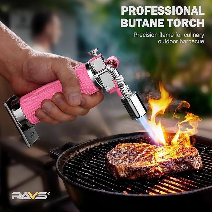 RAVS Butane Torch, Metal Pink Torch Lighter with Adjustable Flame, Food Torch for Baking, BBQ, Desserts, Christmas Stocking Stuffers Gifts for Women, Butane Fuel Not Included