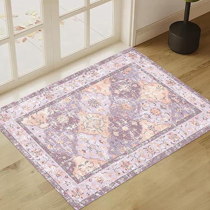 Washable Boho Vintage Area Rugs 2×3 Non-Slip Traditional Mauve Purple Area Rug Doormat for Bathroom Kitchen Entryway