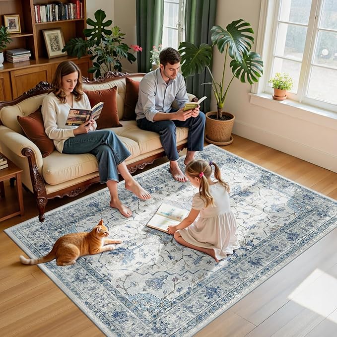 Area Rugs 5'x7' Washable Non-Slip, Floral Vintage Distress Print Pattern Medallion Carpet for Living Room Bedroom Dining Room, Light Blue Navy Beige Gray White
