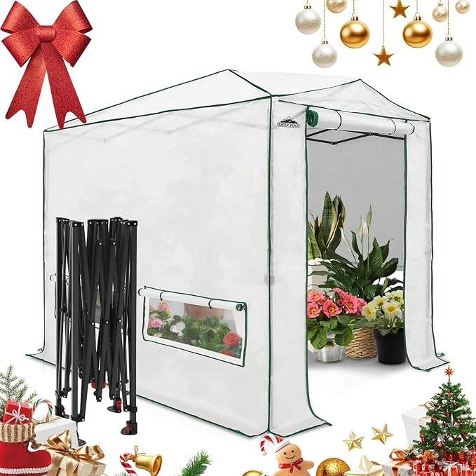 EAGLE PEAK Instant Pop-up Greenhouse, Indoor Outdoor Plant Gardening Green House, Roll-Up Zipper Doors and Side Windows, Heavy Duty Walk in 8x6 ft, Woven PE Top, White