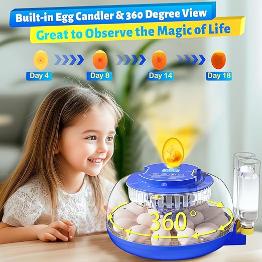 Incubator for Hatching 18 Eggs - Automatic Turning Smart Temp Humidity Control with Alarm, 360° Clear View Candler Function for Chicken Duck Quail Goose Poultry (Dual Trays)