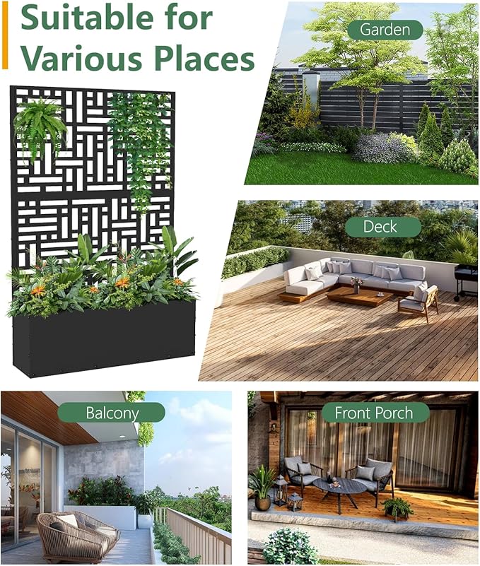 Metal Planter Box with Trellis,70.9"x47.2"x15.7" Raised Garden Bed with Drainage Holes, Privacy Planters for Outdoor Garden Bed for Climbing Plants,Vegetables,and Vines,2PCS,Black-Modular