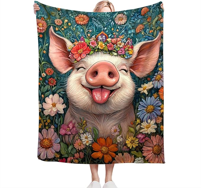 Pig Blanket Gifts for Girls Boys Soft Warm Plush Cute Pig Flower Throw Blanket Flannel Fleece Fuzzy Animal Blankets for Women Man Kids Lover Bed Couch Living Room Decor 60"X50"
