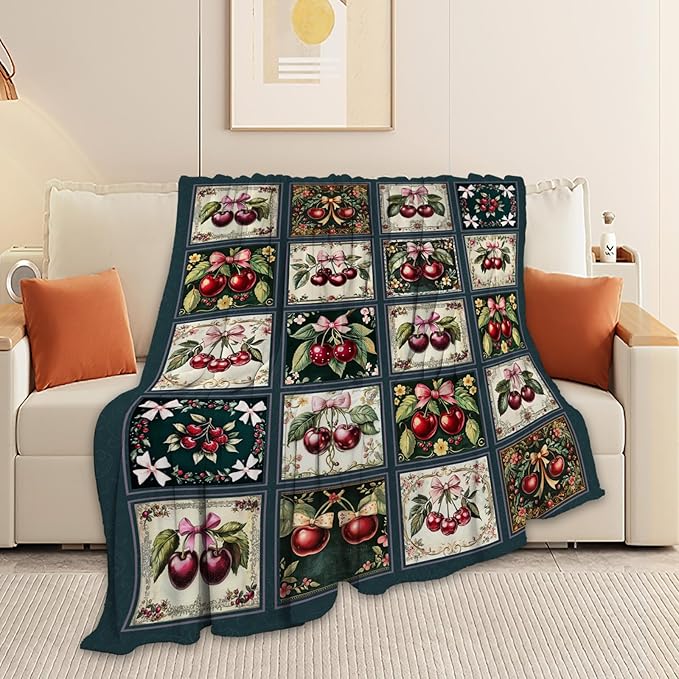 Cherry Blanket, Cherries Bow Throw Blanket, Preppy Gifts Blankets Stuff Fleece Flannel Plush for Girls Women Men Boys Lovers Adults Soft Bedding Gift for Sofa Bed Office Home Decor 60"x50"
