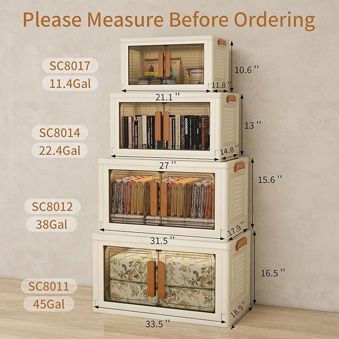 Plastic Stackable Storage Bins with Lids and Wheels, Foldable Closet Organizers and Storage Containers, Collapsible Clear Drawer Storage Cabinet with Doors Ivory White 608 QT
