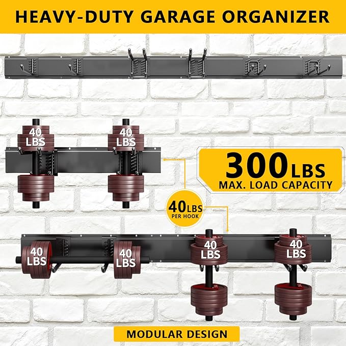 Garage Tool Organizer Wall Mount, 48inch Heavy-Duty Garage Storage System and Garden Tool Organizer with 9 Adjustable Hooks for Shovel, Snowboard, Yard Tools and Shed