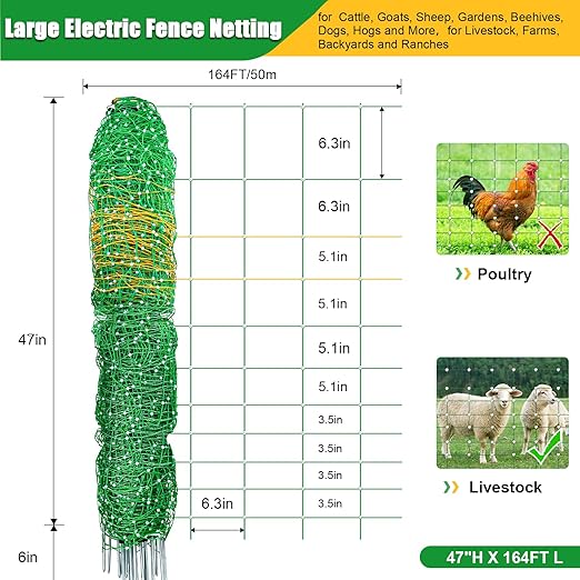 47"x164' Portable Electric Fence Netting All-in-One Solar Kit for Goats, Sheep, Gardens, Beehives, Dogs, and More for Livestock, Farms, Backyards and Ranches
