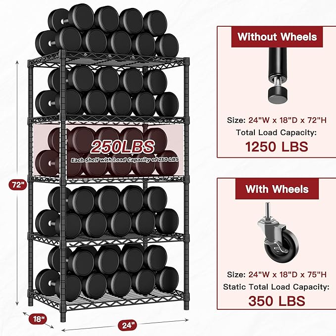 PrimeZone Wire Shelving Unit with Wheels, 5 Tier Adjustable NSF Certified Heavy Duty Metal Storage Shelves, Pantry Organizer Rack Rolling Kitchen Shelf for Closet, 24" W x 18" D x 75" H, Black, 2 PCS