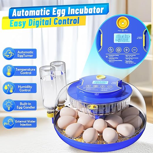 Incubator for Hatching 18 Eggs - Automatic Turning Smart Temp Humidity Control with Alarm, 360° Clear View Candler Function for Chicken Duck Quail Goose Poultry (Dual Trays)