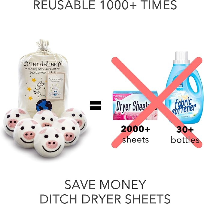 Friendsheep Wool Dryer Balls, Organic Reusable Fabric Softener Alternative for Laundry, Handmade, Fair Trade, Hypoallergenic, Eco-Friendly, Plastic-Free (6 Pack XL – Pig- Piggy Band)