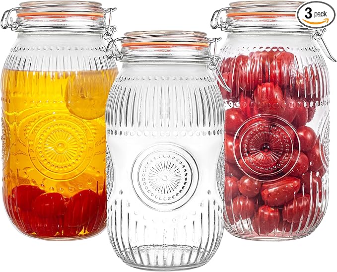 Amzcku Wide Mouth Vintage Mason Jars with Airtight Lid 64oz 2 Quart, Canister Quart Jars for Kitchen Storage - for Coffee, Sugar, Beans 3 Pack