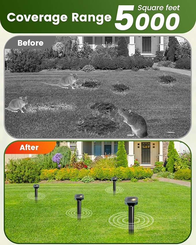 Snake & Mole & Rabbit & Skunk Repellent Solar Powered, Upgraded Ultrasonic Deterrent, IP65 Waterproof, Gopher Groundhog Chipmunk Raccoon and Vole Repellent & Deterrent for Lawn & Garden, 4 Pack