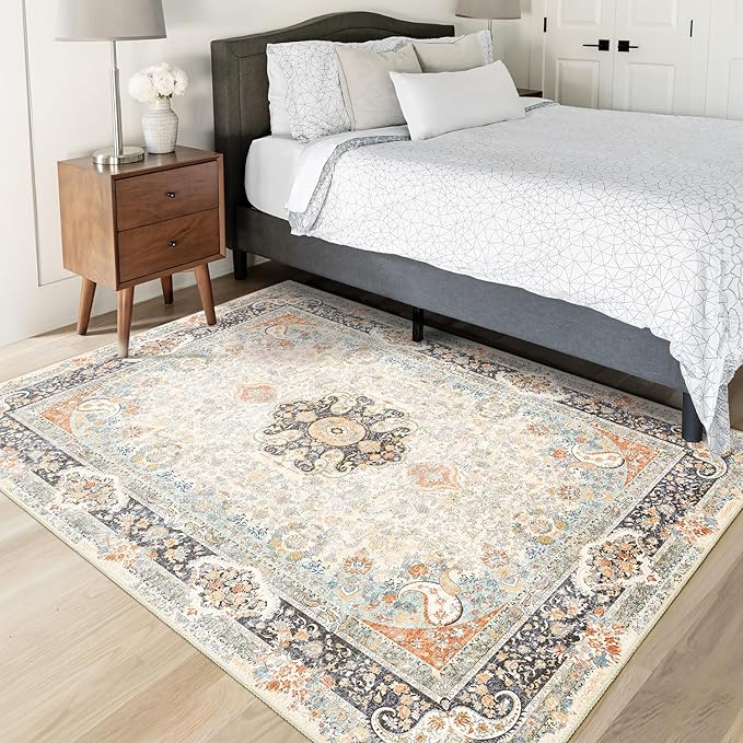 Vantage Rug 3x5,Washable Area Rugs for Bedroom Living Room Kitchen Entryway,Small Boho Bohemian Distressed Non Slip Carpet,Retro Blue Grey Floral