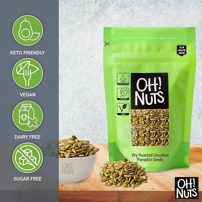 Oh! Nuts Pumpkin Seeds - Dry Roasted Unsalted - 2 lb - All-Natural Protein Power Unshelled Pepitas - Packed in New York Zip-Seal Bag for Exceptional Freshness