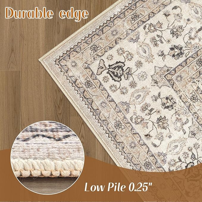 3x5 Washable Entryway Rug: Non-Slip Soft Indoor Throw Area Rug for Living Room Bedroom Kitchen, Boho Floral Distressed Durable Carpet for Hallway Bathroom Laundry Home Decor (Brown/Beige)