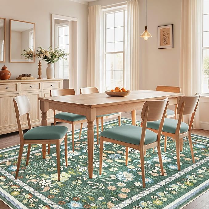 8x10 Area Rug Living Room Rugs - Washable Boho Vintage Floral Large Soft Non Slip Thin Rug Low Pile Carpet for Bedroom Dining Room Kids Playroom Office Decor Indoor- Green
