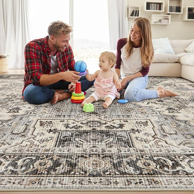 Area Rug for Living Room - 10x14 Soft Machine Washable Oriental Vintage Floral Distressed Large Indoor Floor Carpet for Bedroom Under Dining Table Home Office Decor - Brown