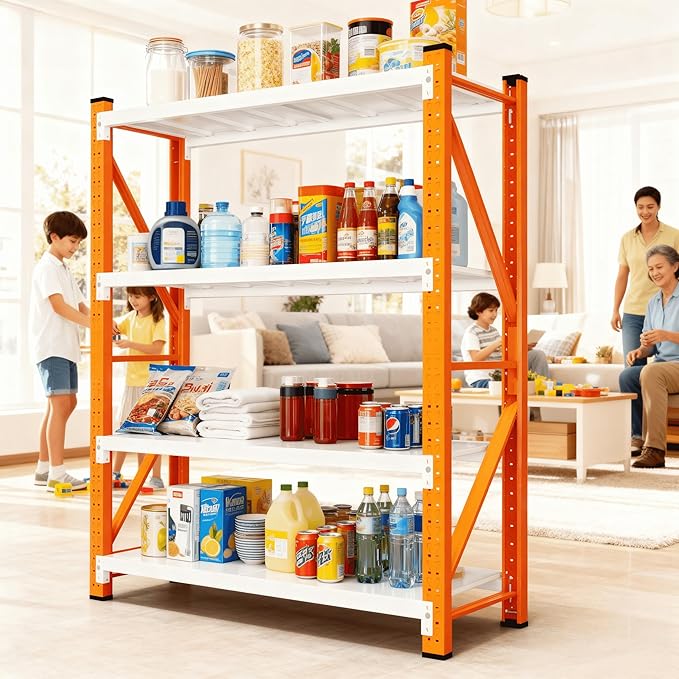 4-Tier Storage Shelves,79" H Heavy-Duty Garage Shelving Unit,Adjustable Metal Industrial Shelf System,3,500lbs Capacity,Tool Organizer for Garage,Workshop,48" W x 20" D x 79" H,Orange&White
