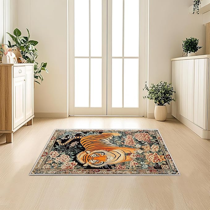 2x3 Tiger Rugs Boho Floral Flower Tiger Rug for Bathroom Kitchen Entryway Indoor Soft Non-Slip Thin Hippie Carpet Small Doormat for Office Dining Room Under Table Washable Machine