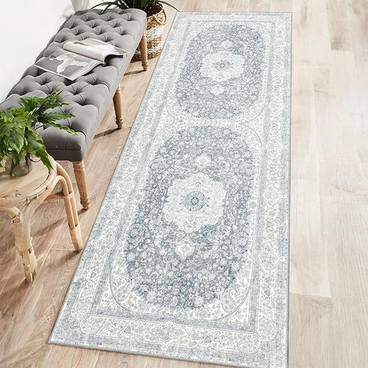 Washable Runner Rug 2x6,Grey Rug Runners Non Slip,Long Boho Rugs for Hallways Kitchen Bedroom Entryway Living Room Bathroom,Vintage Bohemian Distressed Floor Carpet,Floral