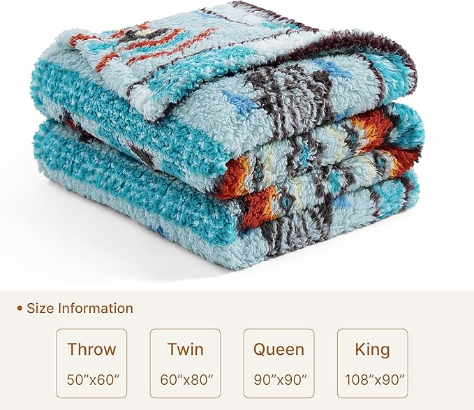CASAAGUSTO Boho Sherpa Throw Blanket, Aztec Queen Blanket, Ultra Soft, Warm, Cozy, Plush, Thick Fleece Bohemian Throw Blanket for Couch, Bed, Sofa (Aqua 90 * 90 Inch)