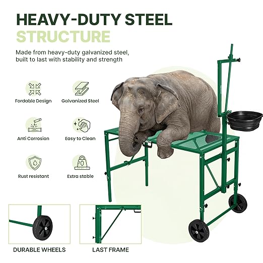 Goat Stand with Adjustable Headpiece & Legs, Goat Milking Stand with Feeder, Rails & Wheels, Stanchion for Grooming & Hoof Trimming, Sheep Stand for Shearing Heavy-Duty Steel Platform, Green