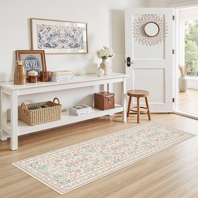 Runner Rug for Hallways Kitchen: 2x6 Washable Area Rug Boho Floral Soft Long Rug - Non-Slip Low Pile Throw Indoor Carpet for Entryway Kitchen Bedroom Laundry Bathroom - Pink