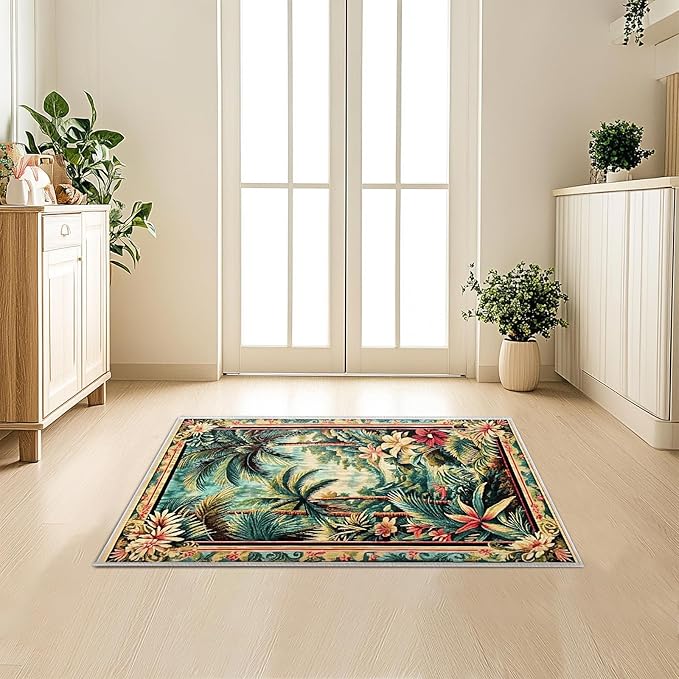 2x3 Tropical Rainforest Area Rugs Boho Forest Rug for Bathroom Kitchen Entryway Indoor Soft Non-Slip Thin Hippie Carpet Small Green Doormat for Office Dining Room Under Table Washable Machine