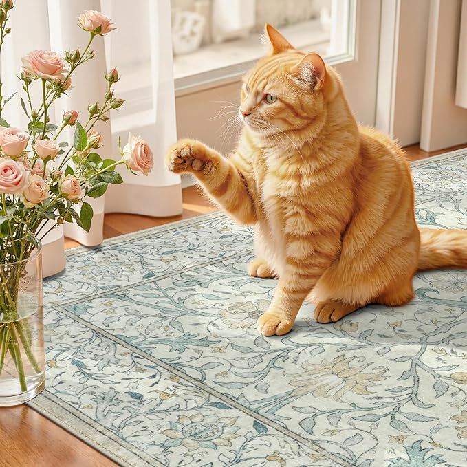 Collive 8x10 Area Rugs for Living Room, Washable Neutral Hand-Painted Floral Bedroom Rug, Vintage Distressed Non Slip Low Pile Large Carpet, Soft Retro Dining Room Office Rug, Ivory/Light Turquoise