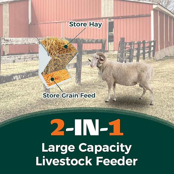 KUAFU Hay Feeder 2 in 1 Hay Rack Wall Mount Goat Feeders，Heavy Duty Galvanized Steel Hanging Feeders for Farm Livestock Small Goat & Sheep Grain Indoor Outdoor Uses