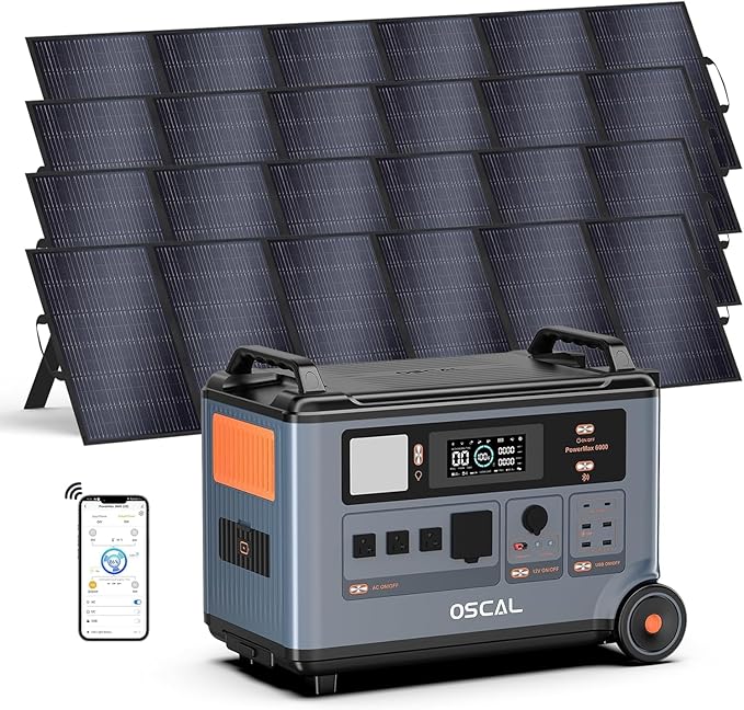 OSCAL PowerMax 6000 Solar Generator with 4x500W Solar Panel, 120V/240V Split Phase Voltage 6000W AC Outlets (9000W Peak), 2200W AC Charging/2400W PV Charging for Home, Emergency, Bank Battery Backup