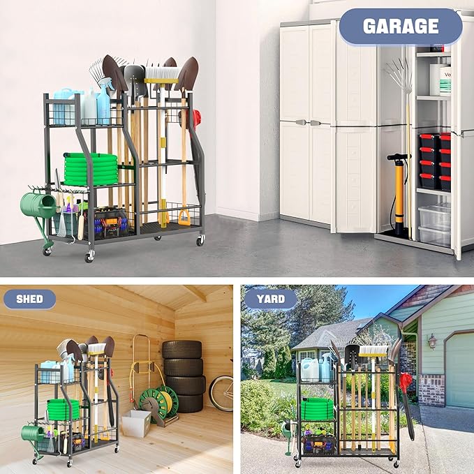 WALMANN Garden Tool Organizer with Wheels for Garage, Large Storage Capacity, Rakes/Shovels/Yard Tools Storage Stand for Shed, Garden, Indoor/Outdoor Long-Handled Tools Rolling Cart