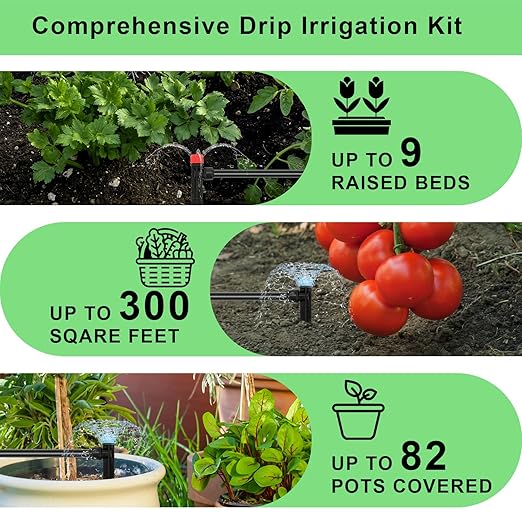 250FT Drip Irrigation Kit – 2025 New Quick-Connect Micro Irrigation System with 1/4'' 1/2'' Tubing, Locking Nozzle Emitters, Adjustable Misting Sprayers for Gardens, Lawns,Raised Beds and Greenhouses