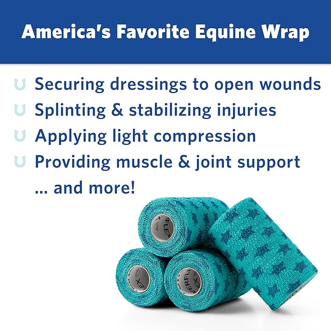 PowerFlex Equine – Extra Strong Self-Adhering Bandage Wrap – Wound Care, Compression & Support Bandage for Horses, Cows & Dogs – Stars, 4 inch, 4 Rolls (Resealable Case)