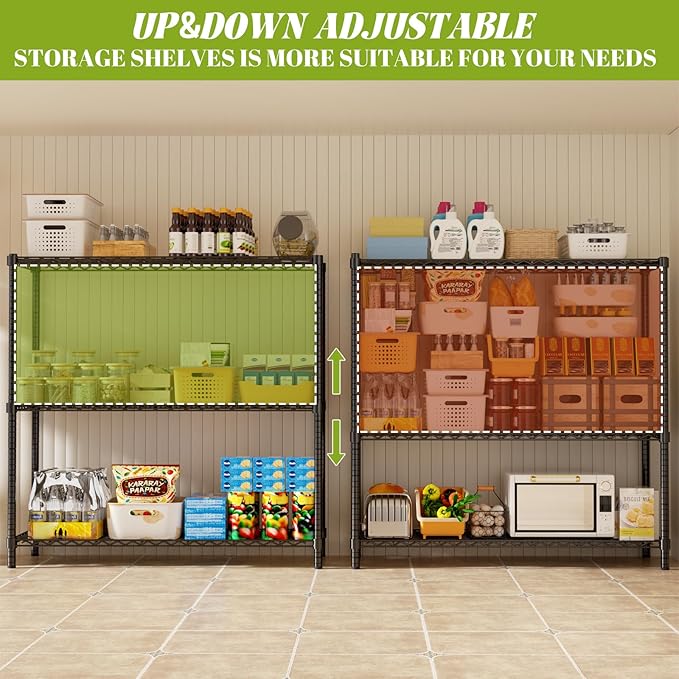 Storage Shelves, 48" L x 20" W x 47" H Heavy Duty Garage Wire Shelving Unit Loads 1200LBS, 3-Tier Adjustable Metal Industrial Utility Shelf Rack for Kitchen, Laundry Room, Basement