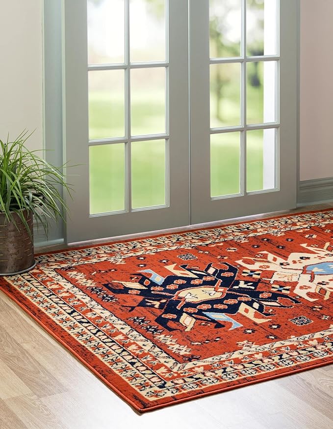 Unique Loom Taftan Collection Border Geometric Tribal Inspired Design Area Rug (4' 0 x 6' 0 Rectangular, Terracotta/ Ivory)