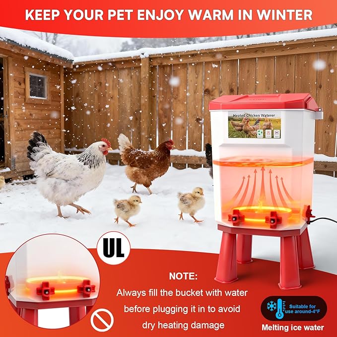 3 Gallon Heated Chicken Waterer for Winter Automatic Chicken Water Heater,Adsjustable Height Anti-Freezing Poultry Watering System with Thermostatic Control,Red,12.6 in x 8.3 inch x 8.3 in